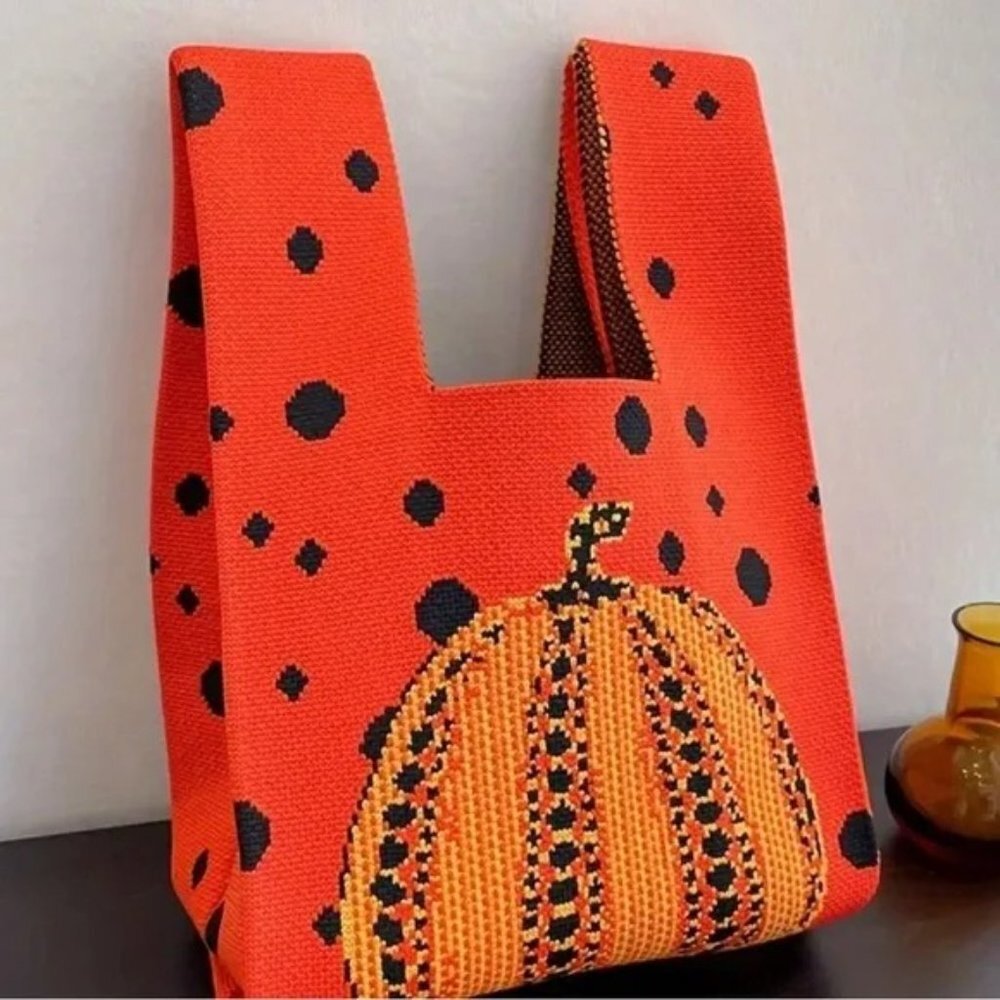 Knitted Pumpkin Woven Handbag Orange Red - Picture 4 of 4